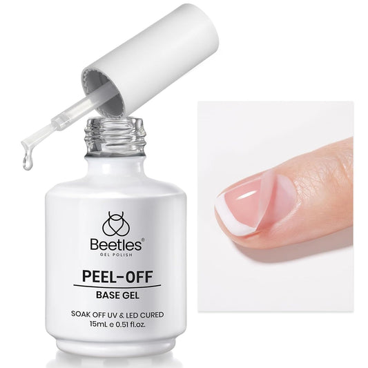 Beetles Gel Polish front bottle showing peel-off base benefits and clear label