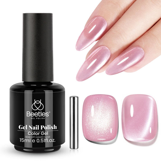 Beetles bottle front view showing pink cat eye polish and label benefit