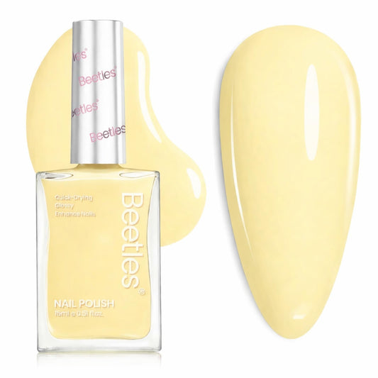 Beetles front bottle showing soft butter yellow and glossy finish benefit