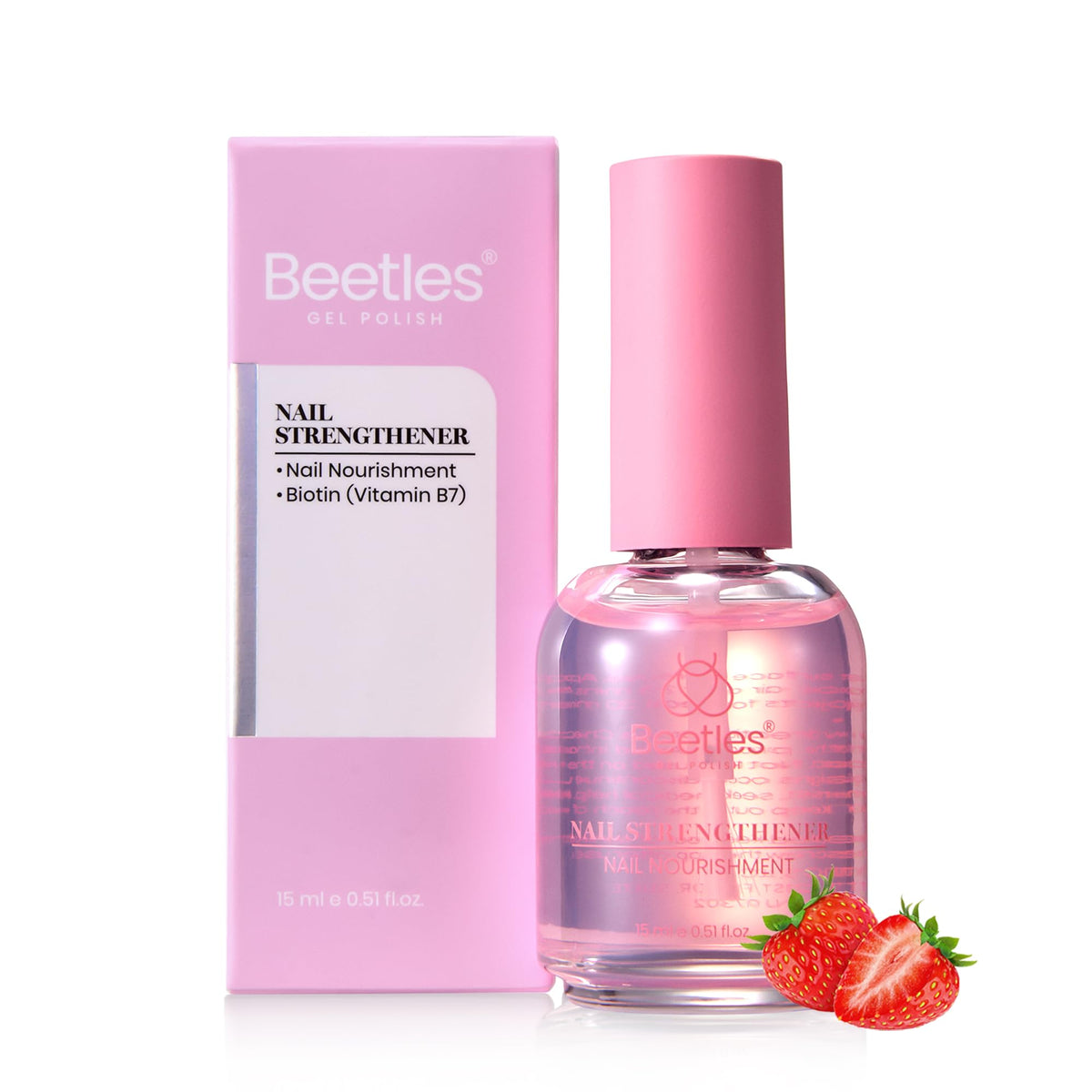 beetles front bottle showing clear strawberry-strengthener for durable nails