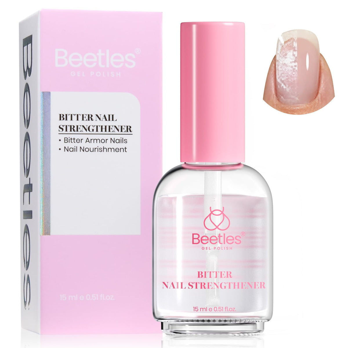 Beetles bottle front view showing clear strengthener and clean branding benefit