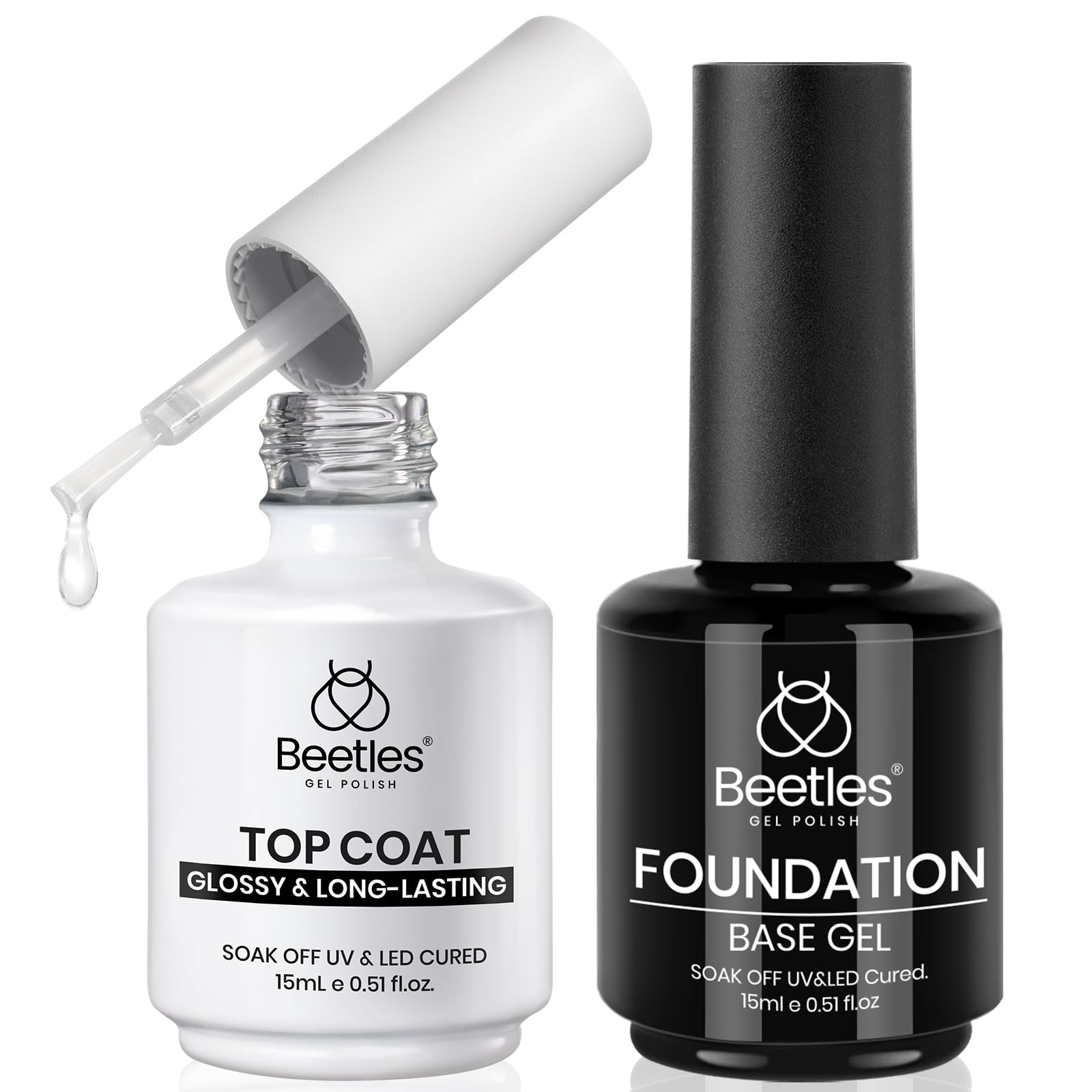beetles Gel Polish front packaging showing compact 15ml base and top set benefit longer wear