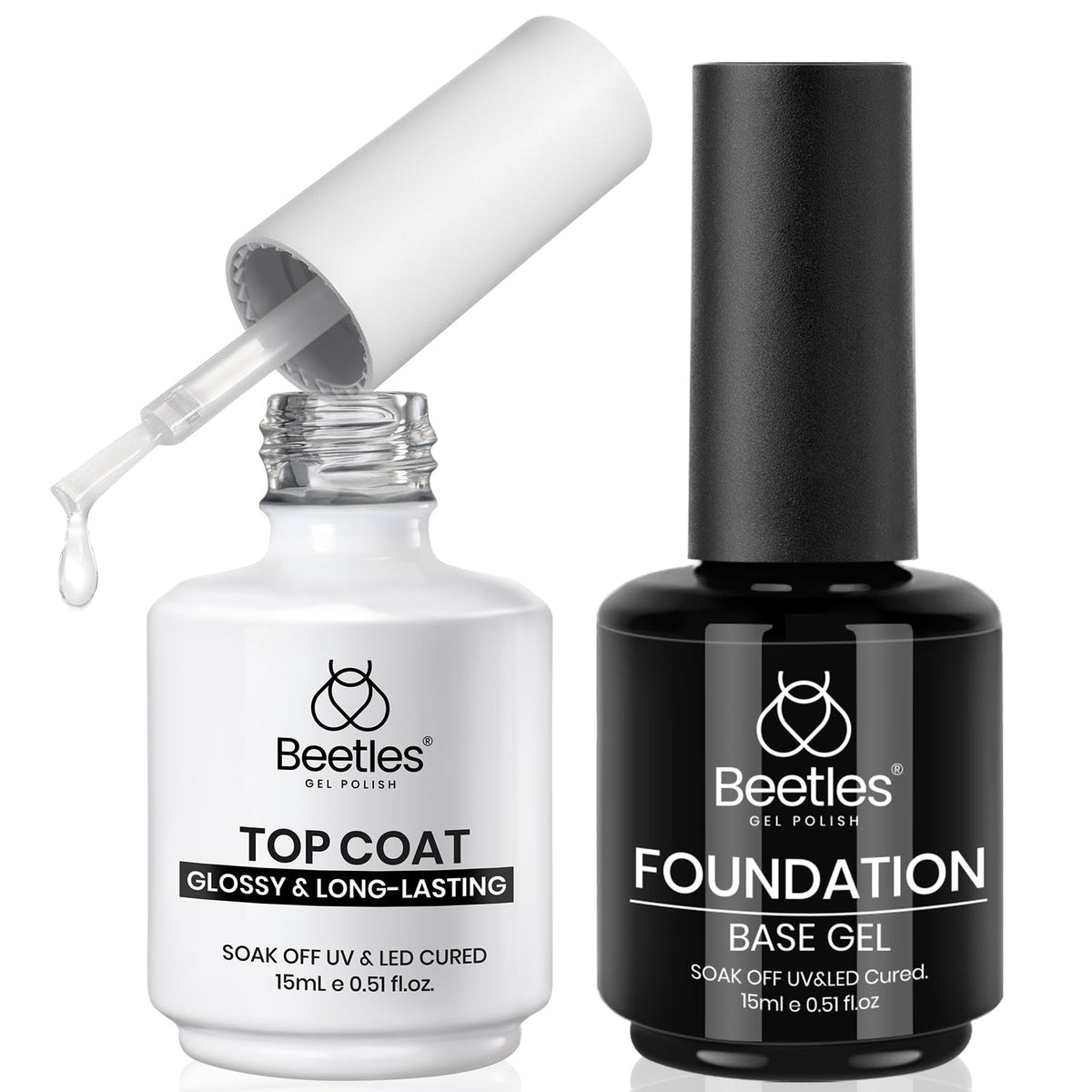 beetles Gel Polish front packaging showing compact 15ml base and top set benefit longer wear