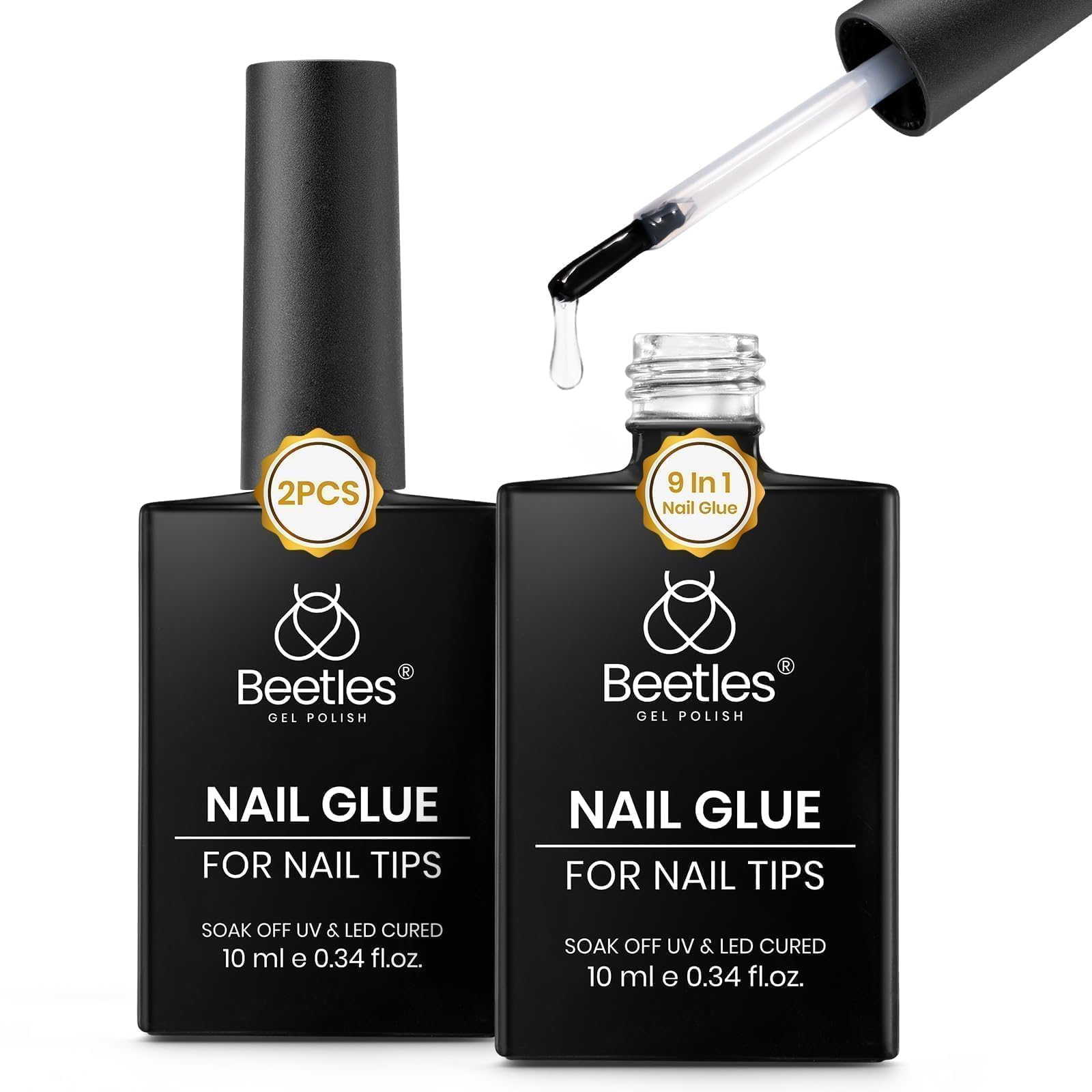 Beetles Gel Polish front packaging showing two 10ml bottles and labels, clear product identification and convenience
