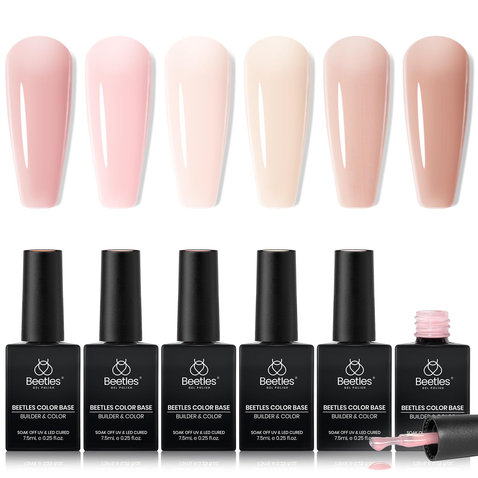 Beetles front packaging showing six nude gel bottles and color labels for easy selection