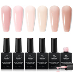 Beetles front packaging showing six nude gel bottles and color labels for easy selection