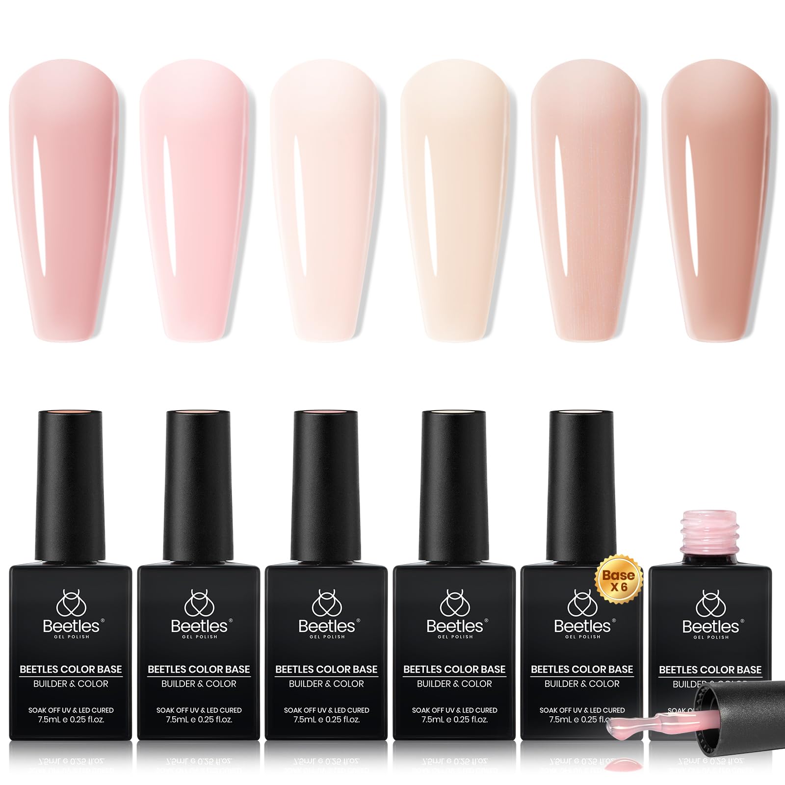 Beetles front packaging showing six nude gel bottles and benefits