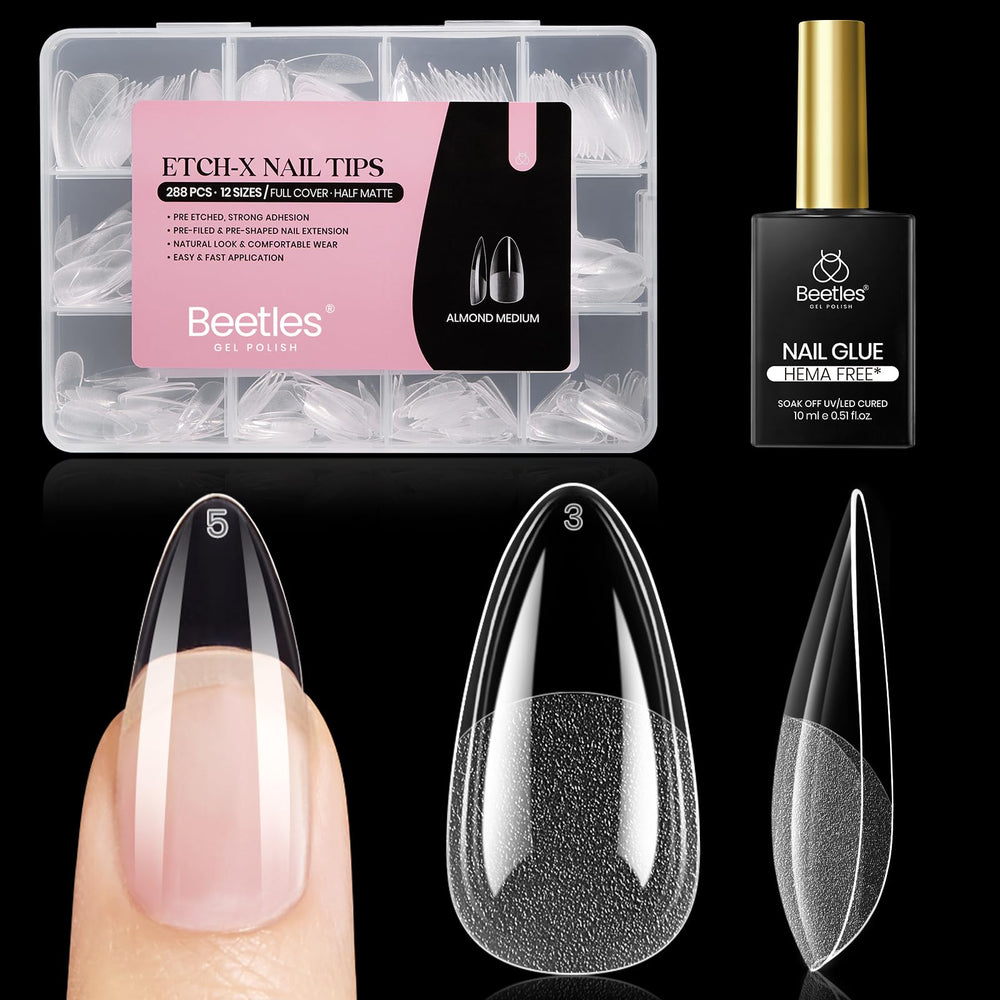 Beetles Gel Polish front packaging showing almond medium kit and glue, easy-at-home manicure benefit
