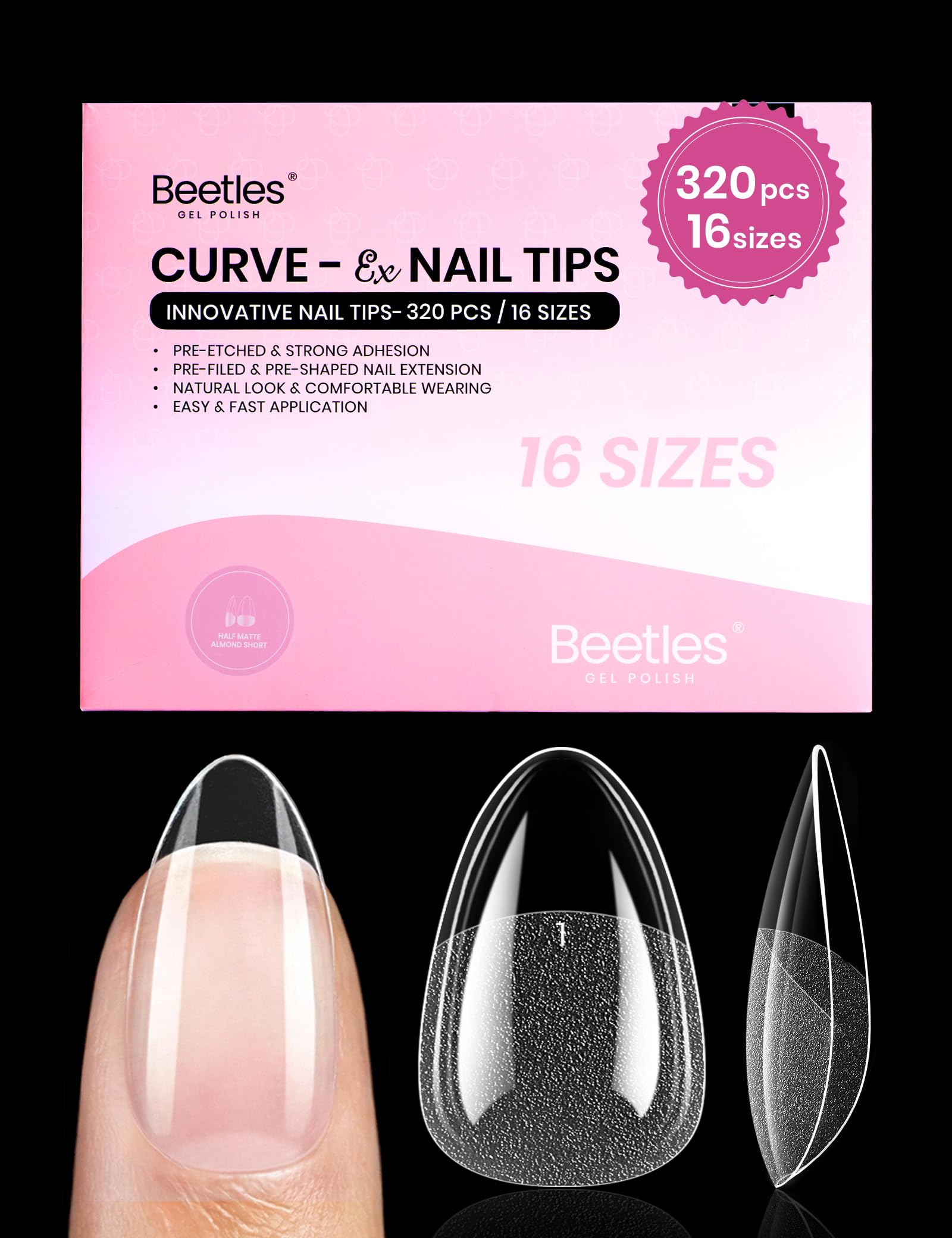 Beetles front packaging showing 320 almond short tips and benefits