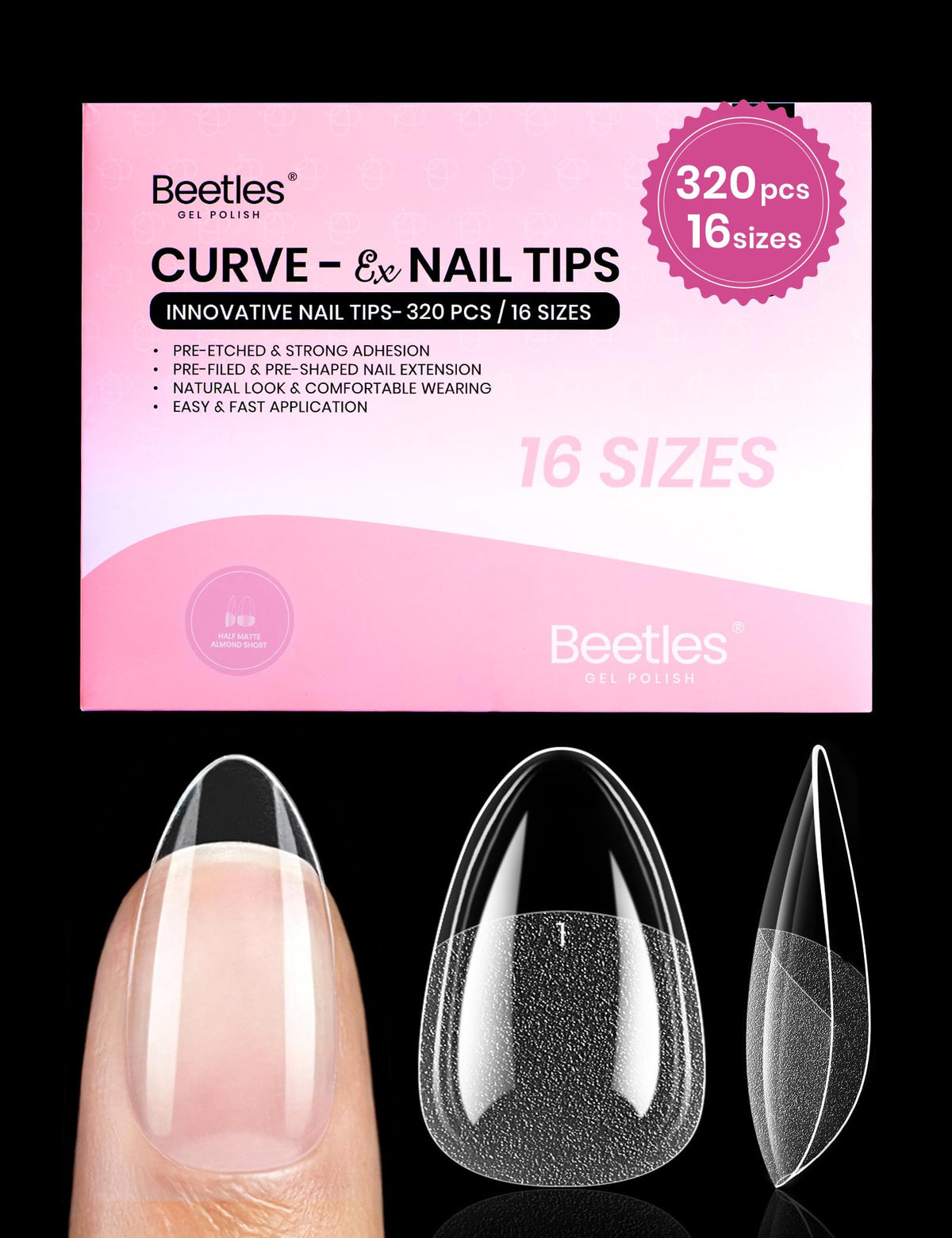 Beetles front packaging showing 320 almond short tips and benefits