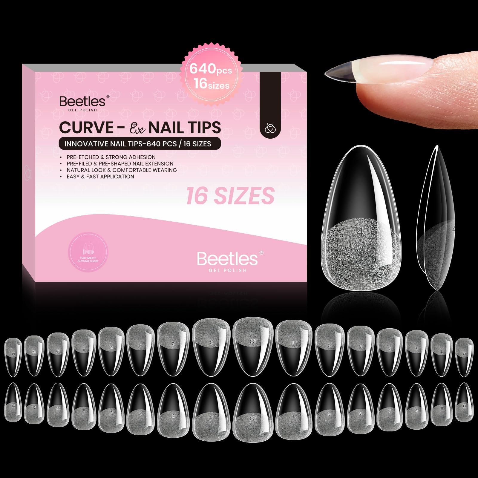 beetles gel almond tips front packaging showing full kit for convenient storage and selection