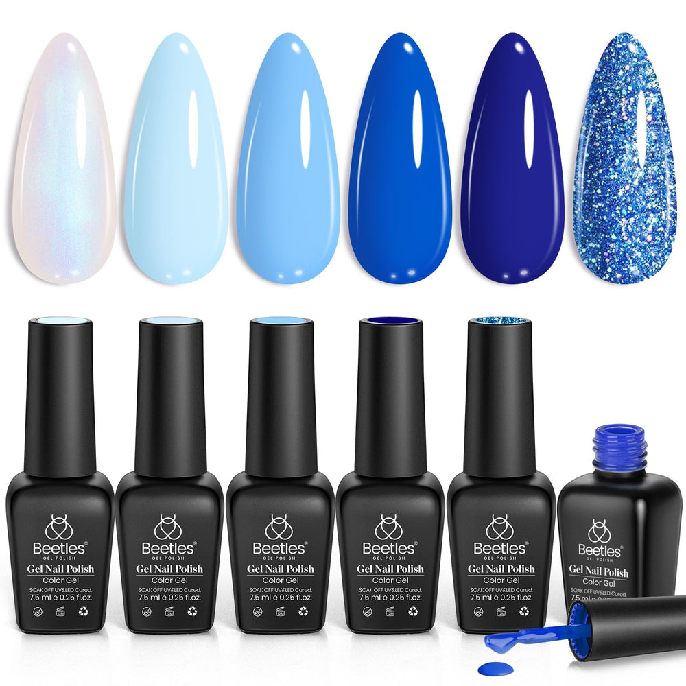 Beetles front packaging of Aquarius Holy Water six-color set showing blue shades and branding benefit cohesive palette