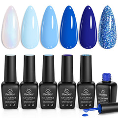 Beetles front packaging of Aquarius Holy Water six-color set showing blue shades and branding benefit cohesive palette