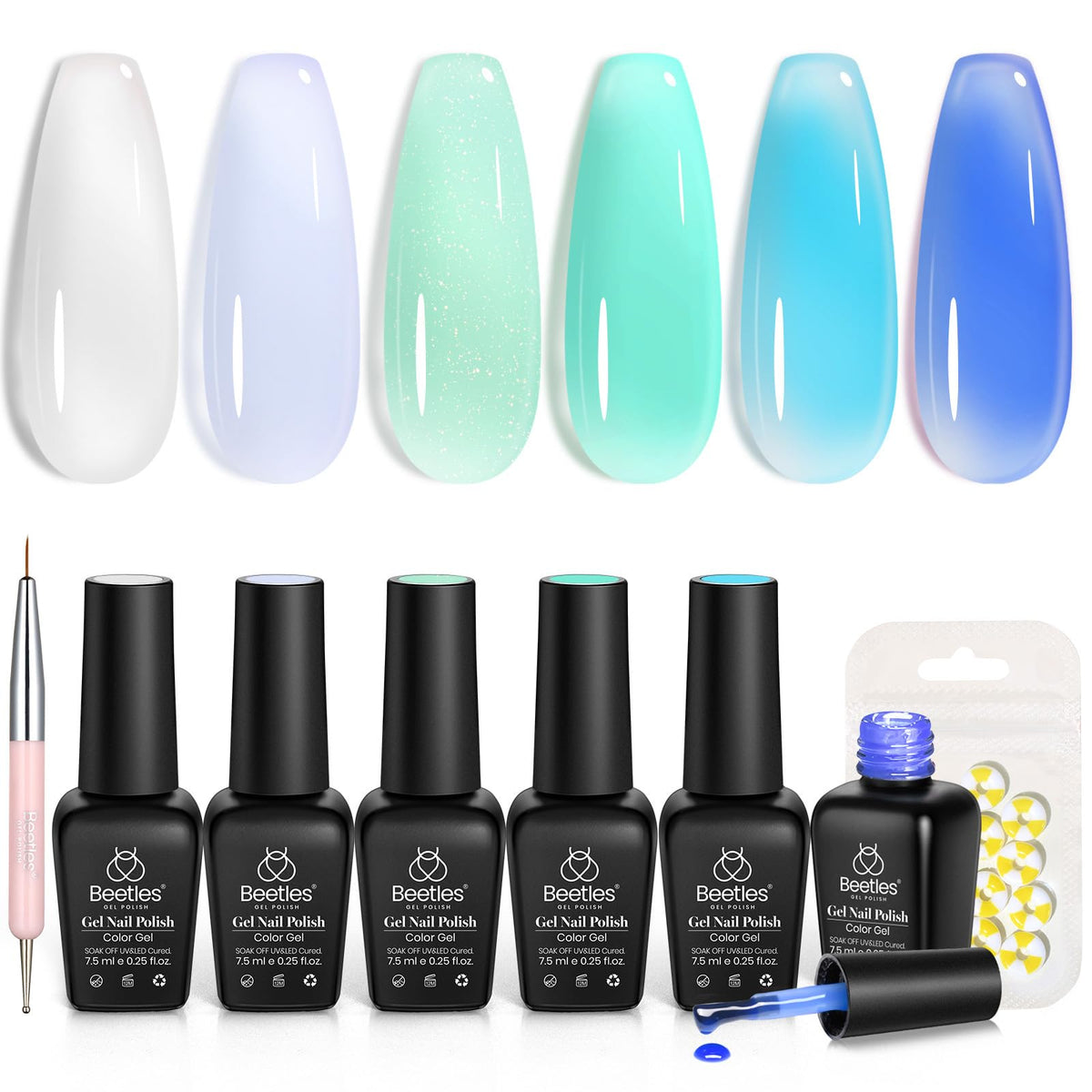 Beetles front packaging showing six blue jelly gel bottles and included accessories