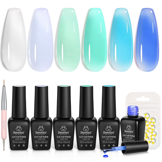 Beetles front packaging showing six blue jelly gel bottles and included accessories
