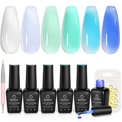 Beetles front packaging showing six blue jelly gel bottles and included accessories