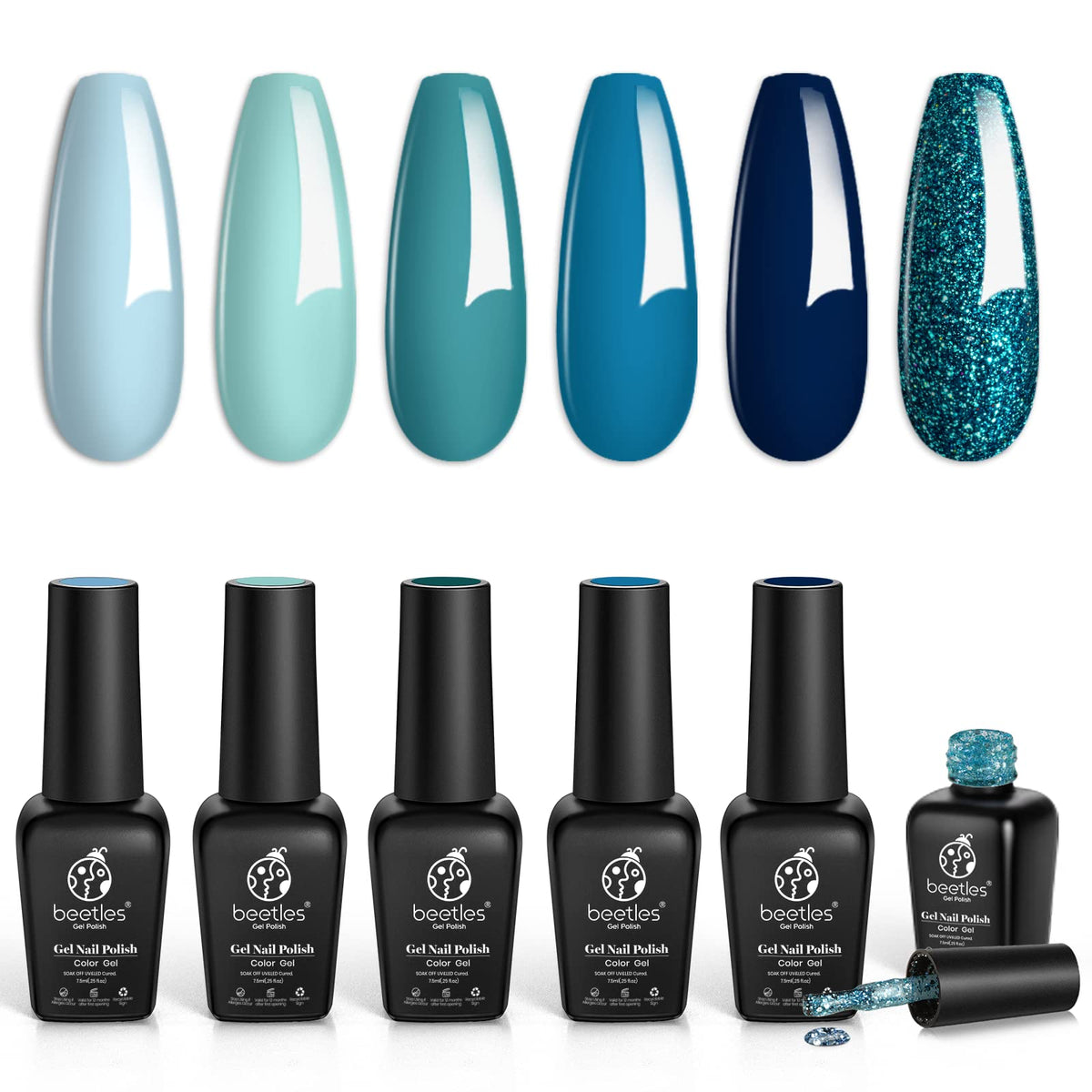 Beetles front packaging of blue teal collection showing six bottles and gift-ready presentation