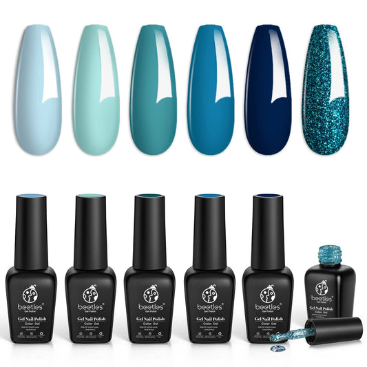 Beetles front packaging of blue teal collection showing six bottles and gift-ready presentation