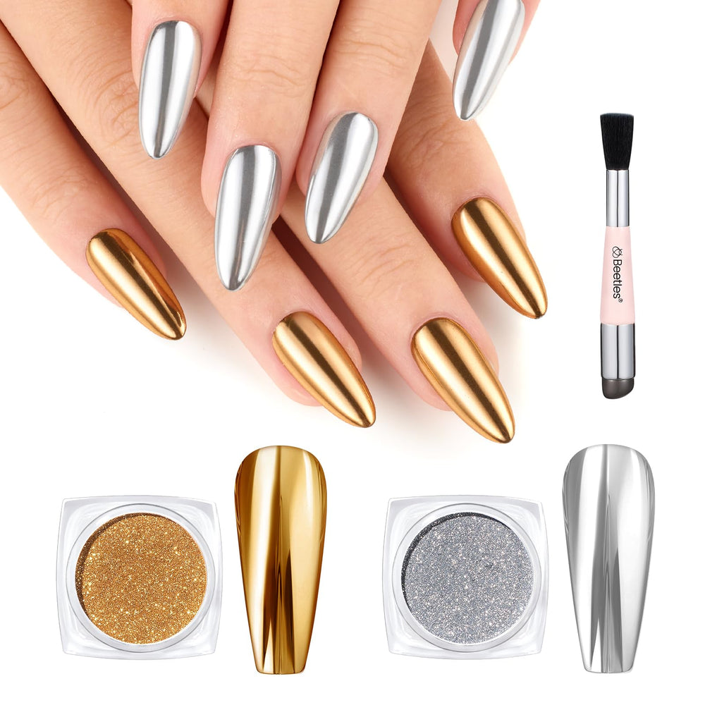 beetles front packaging showing bronze gold silver jars and brush, clear kit benefit