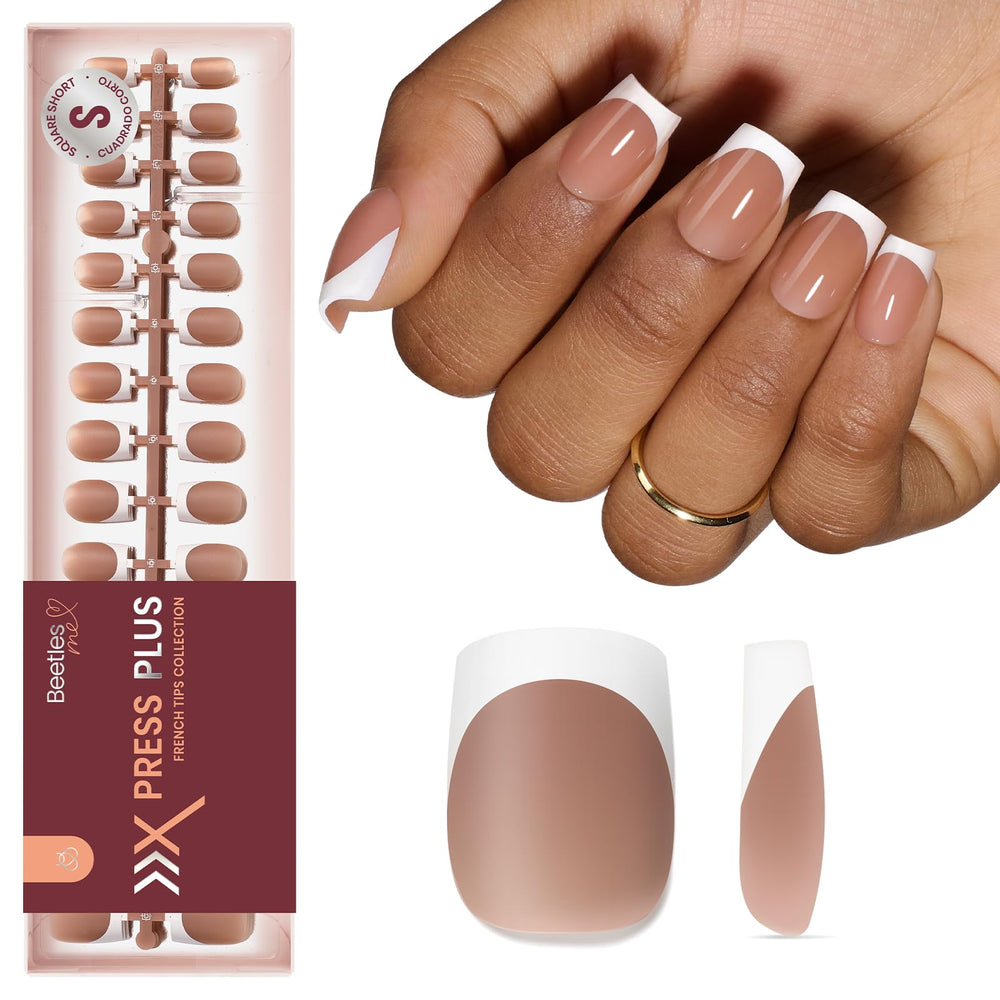 beetles front packaging showing 150 brown French tip nails and benefit of complete set