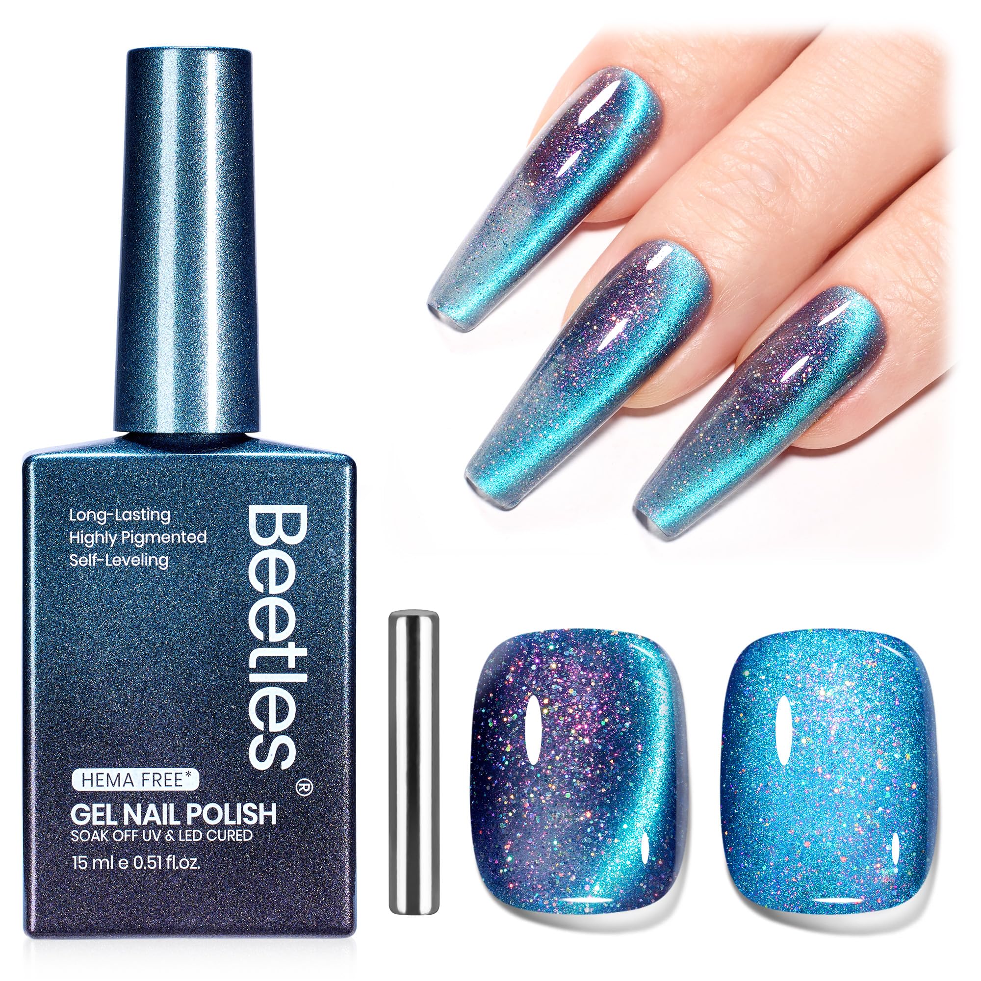 Beetles bottle front packaging showing cat-eye blue polish and label for easy selection