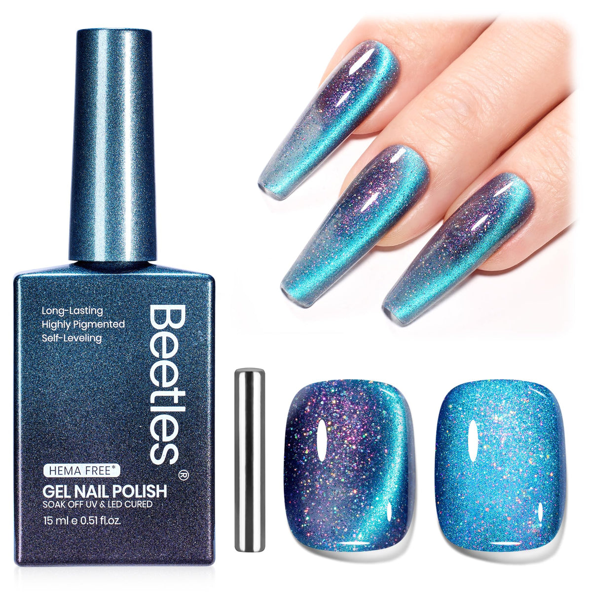 Beetles bottle front packaging showing cat-eye blue polish and label for easy selection