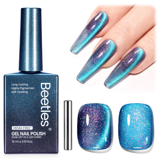 Beetles bottle front packaging showing cat-eye blue polish and label for easy selection