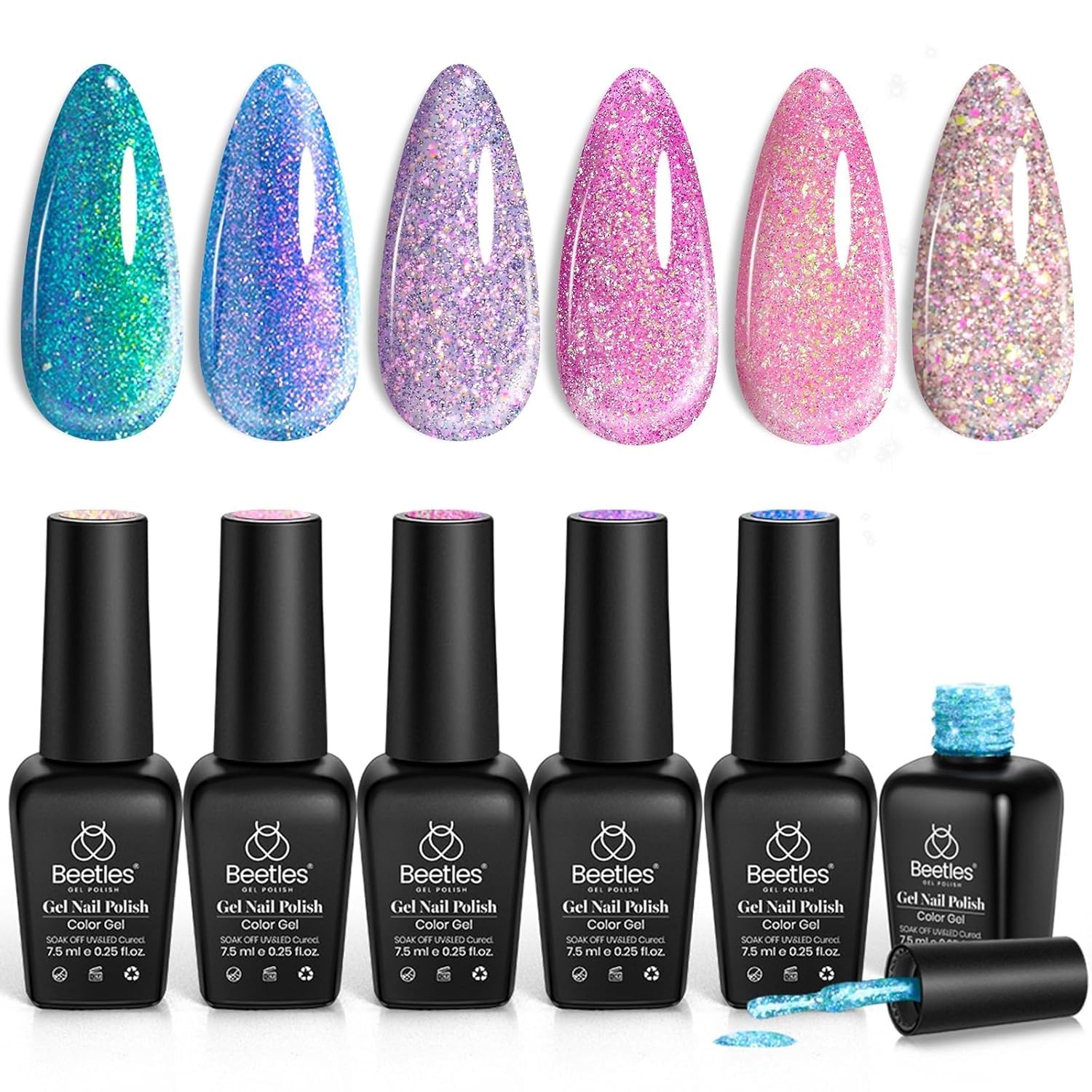 beetles front packaging showing six chameleon glitter gel bottles and kit benefits