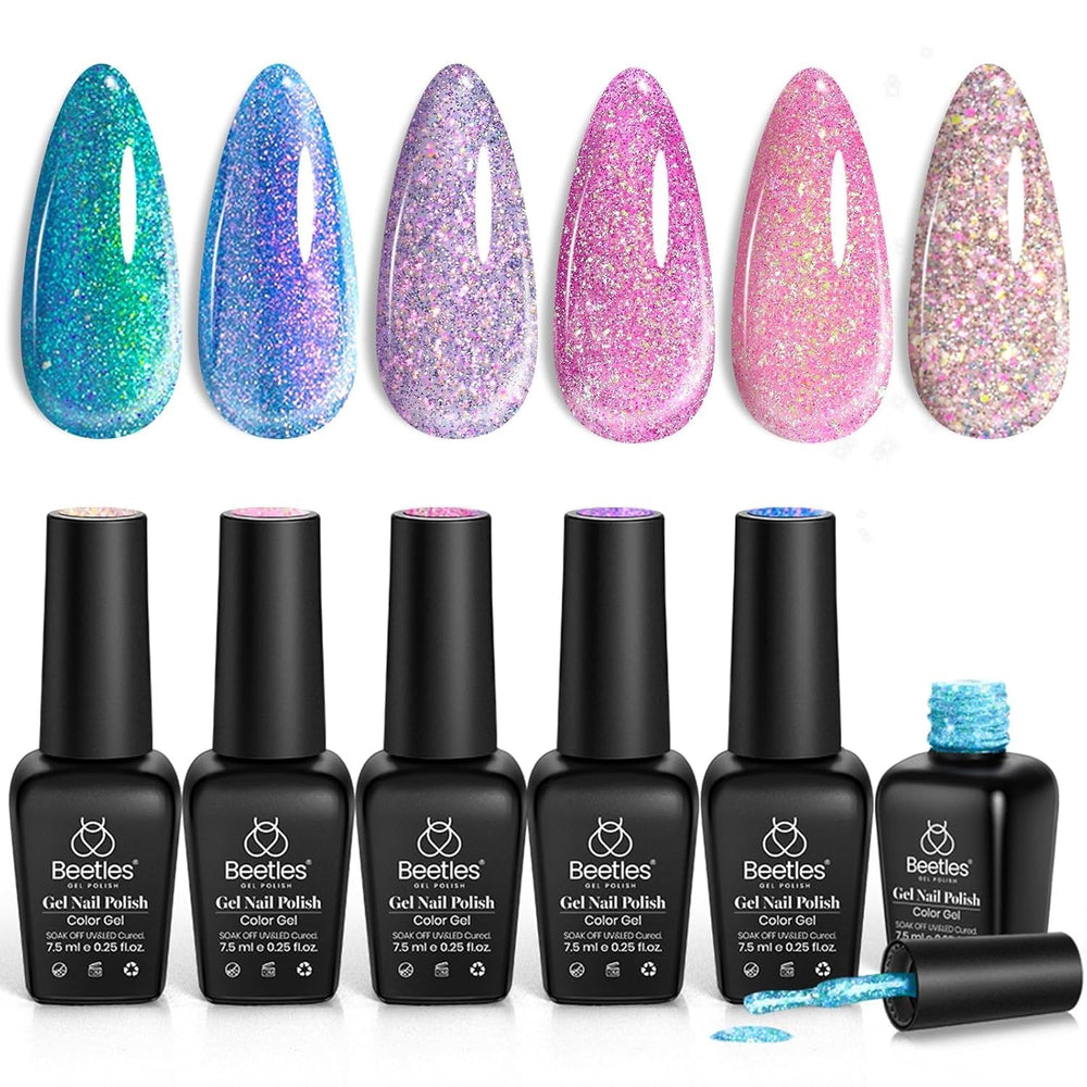 beetles front packaging showing six chameleon glitter gel bottles and kit benefits