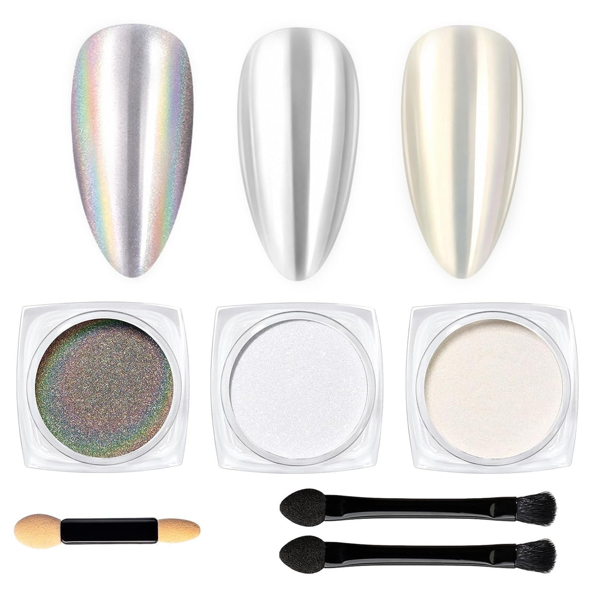 beetles front packaging showing three chrome powders and applicators for easy selection