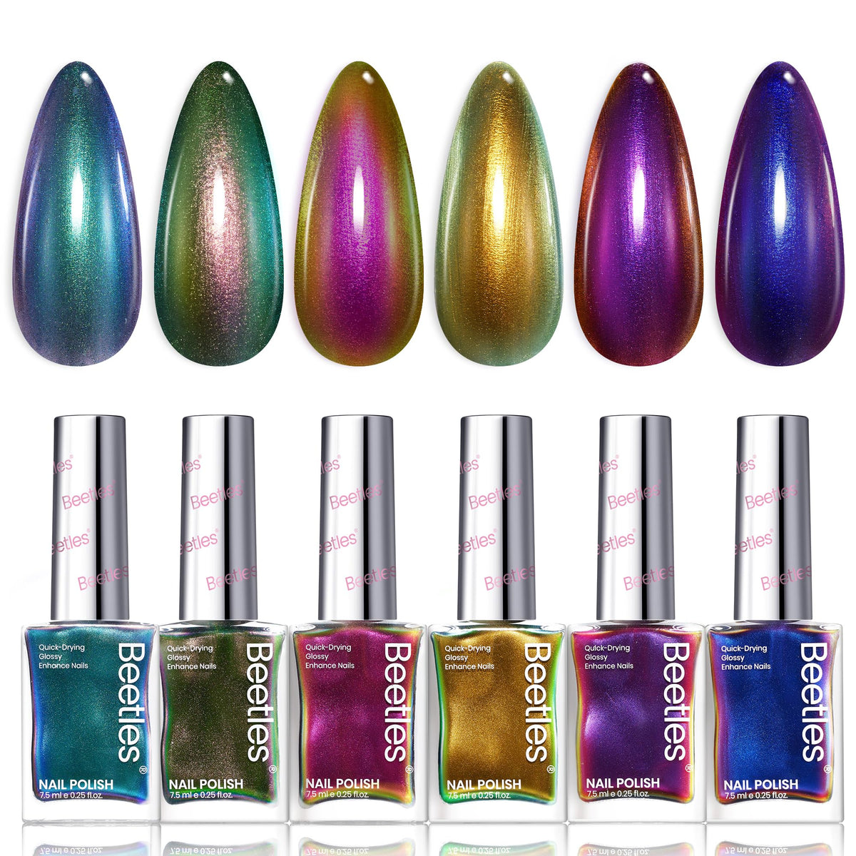 Beetles front packaging displaying six ember chrome bottles, gift-ready appeal