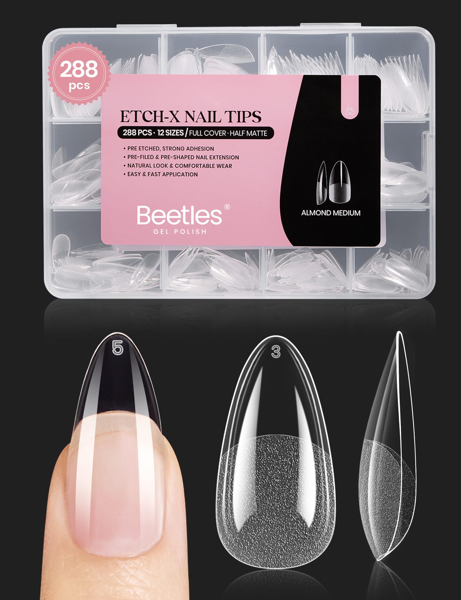 Beetles clear almond tips front packaging showing full set and benefits