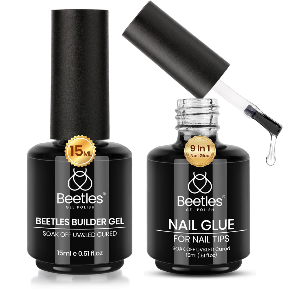 beetles front packaging showing complete builder gel and glue kit and convenient storage