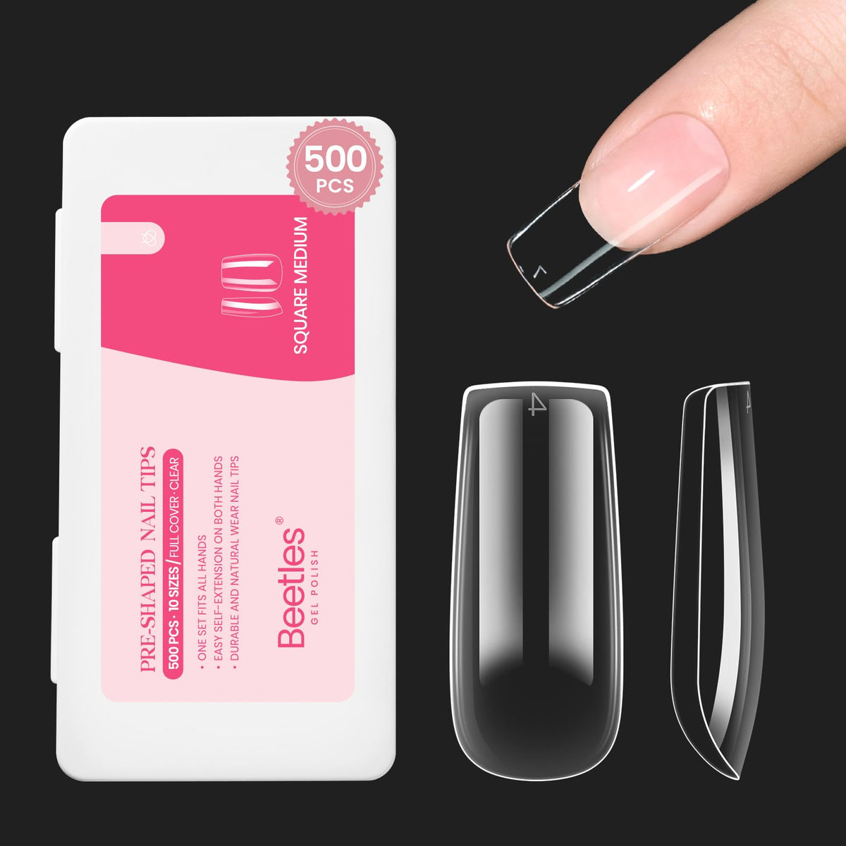 Beetles Gel Polish front packaging showing 500 clear tips and organized tray benefit easy selection
