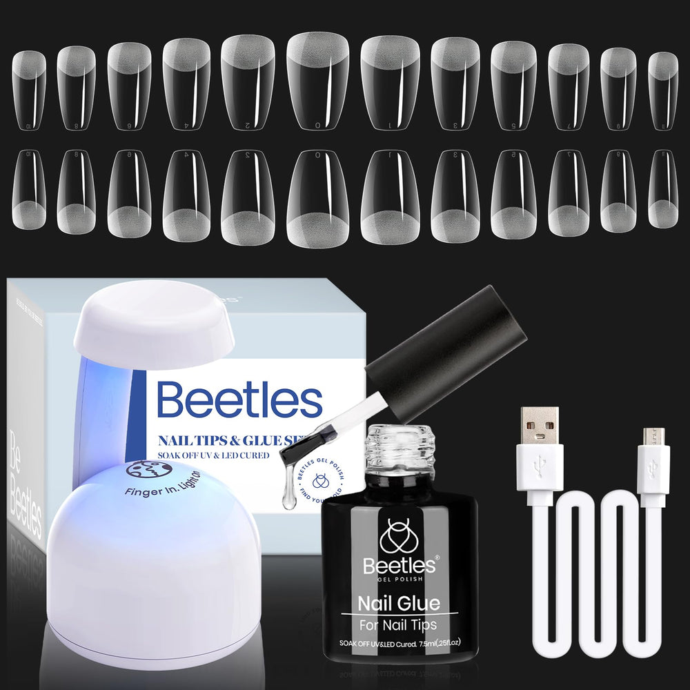 Beetles front packaging showing full coffin nail kit for easy at-home use