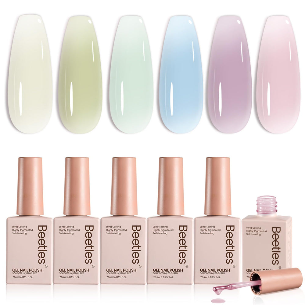 Beetles front packaging showing six jelly gel bottles, clear branding and calm palette
