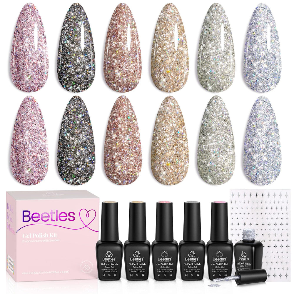 Beetles Gel Polish front packaging showing six reflective bottles and stickers for instant glam