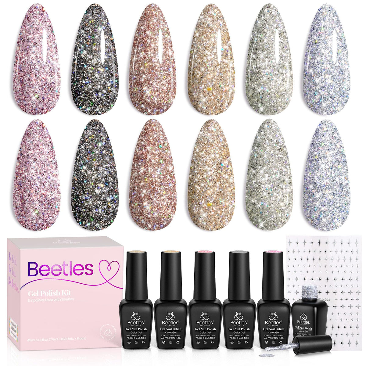 Beetles Gel Polish front packaging showing six reflective bottles and stickers for instant glam