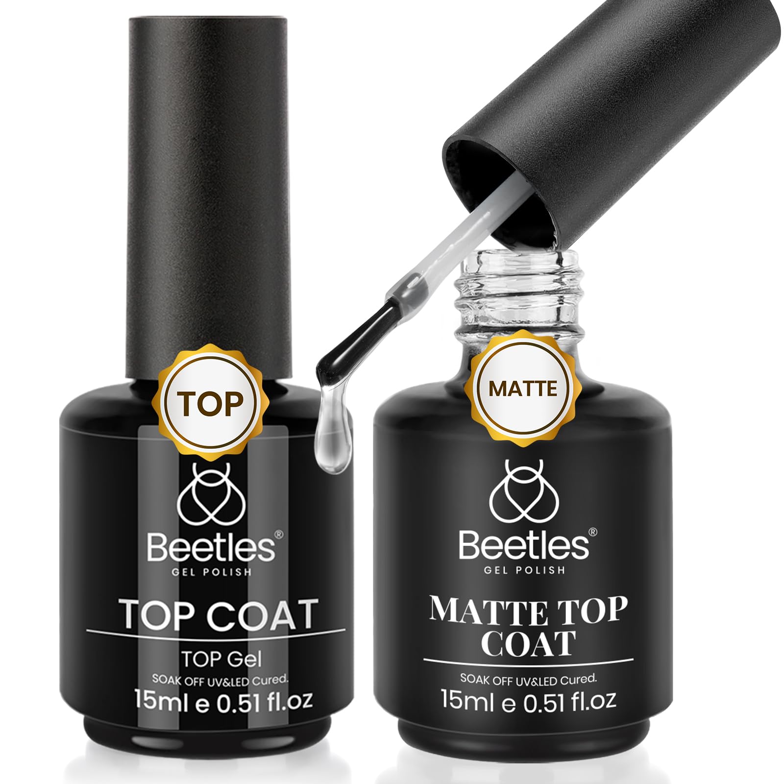 Beetles front packaging showing both 15ml glossy and matte bottles, clear benefits