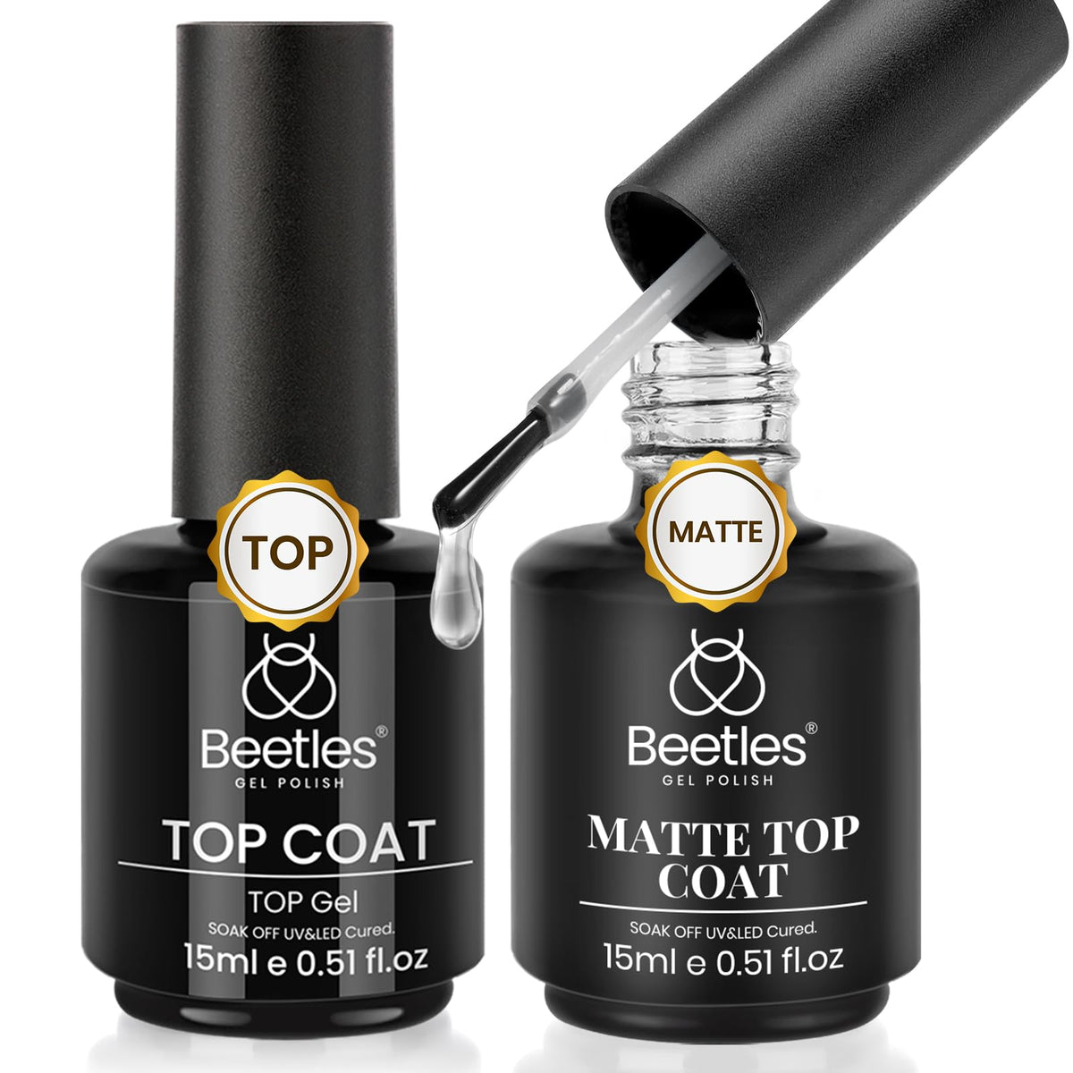 Beetles front packaging showing both 15ml glossy and matte bottles, clear benefits