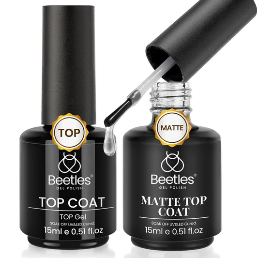 Beetles front packaging showing both 15ml glossy and matte bottles, clear benefits