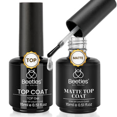 Beetles front packaging showing both 15ml glossy and matte bottles, clear benefits