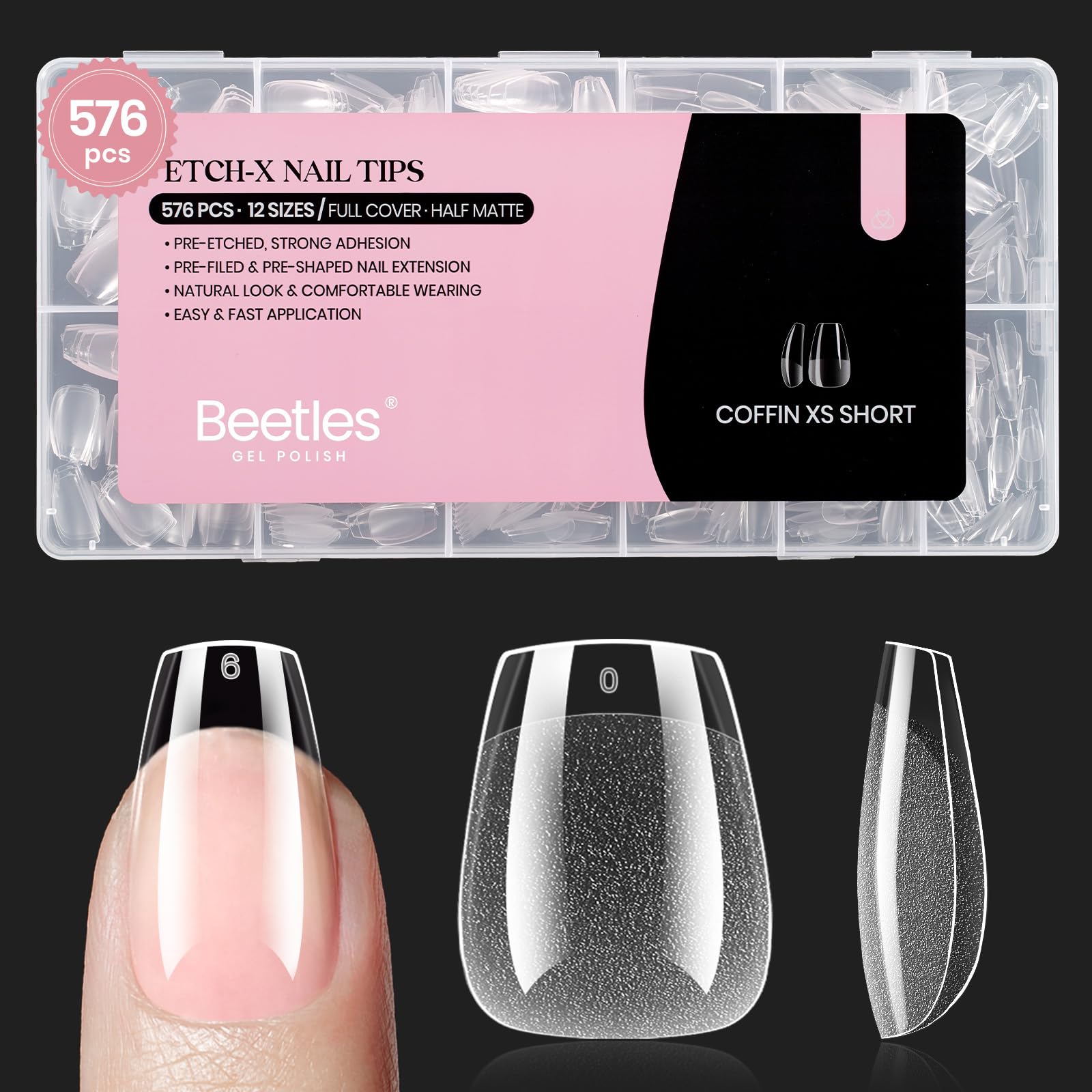 Beetles front packaging showing 576-piece extra-short coffin nail kit and clear benefits