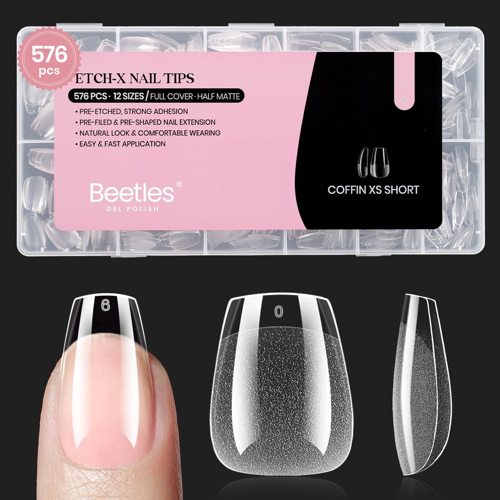 Beetles front packaging showing 576-piece extra-short coffin nail kit and clear benefits