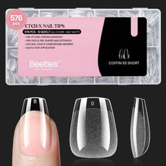 Beetles front packaging showing 576-piece extra-short coffin nail kit and clear benefits