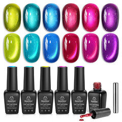beetles Gel Polish front packaging showing six neon cat eye bottles and magnet, clear gift presentation