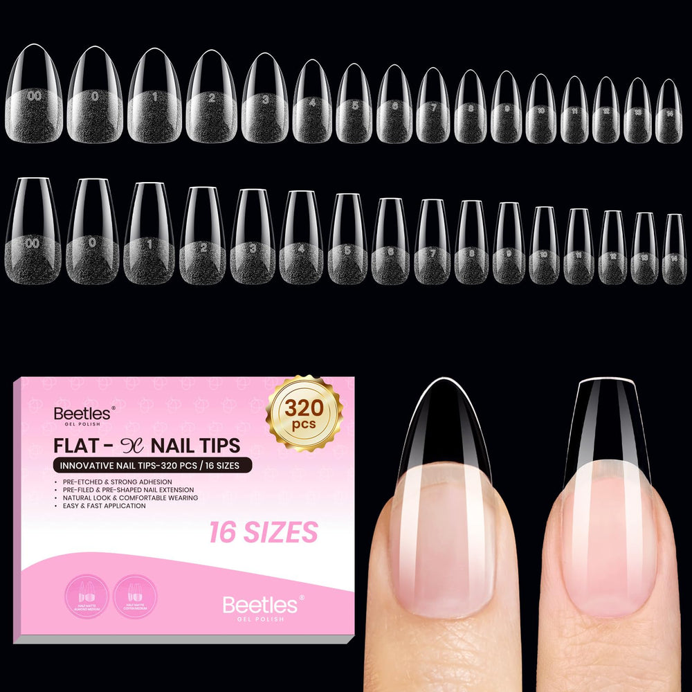 Beetles Gel Polish front packaging showing 320pcs Flat-X almond coffin tips and convenience
