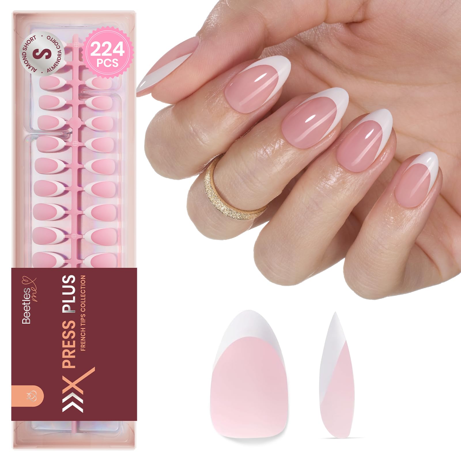 beetles front packaging showing 224 pink French tip nails and kit benefits