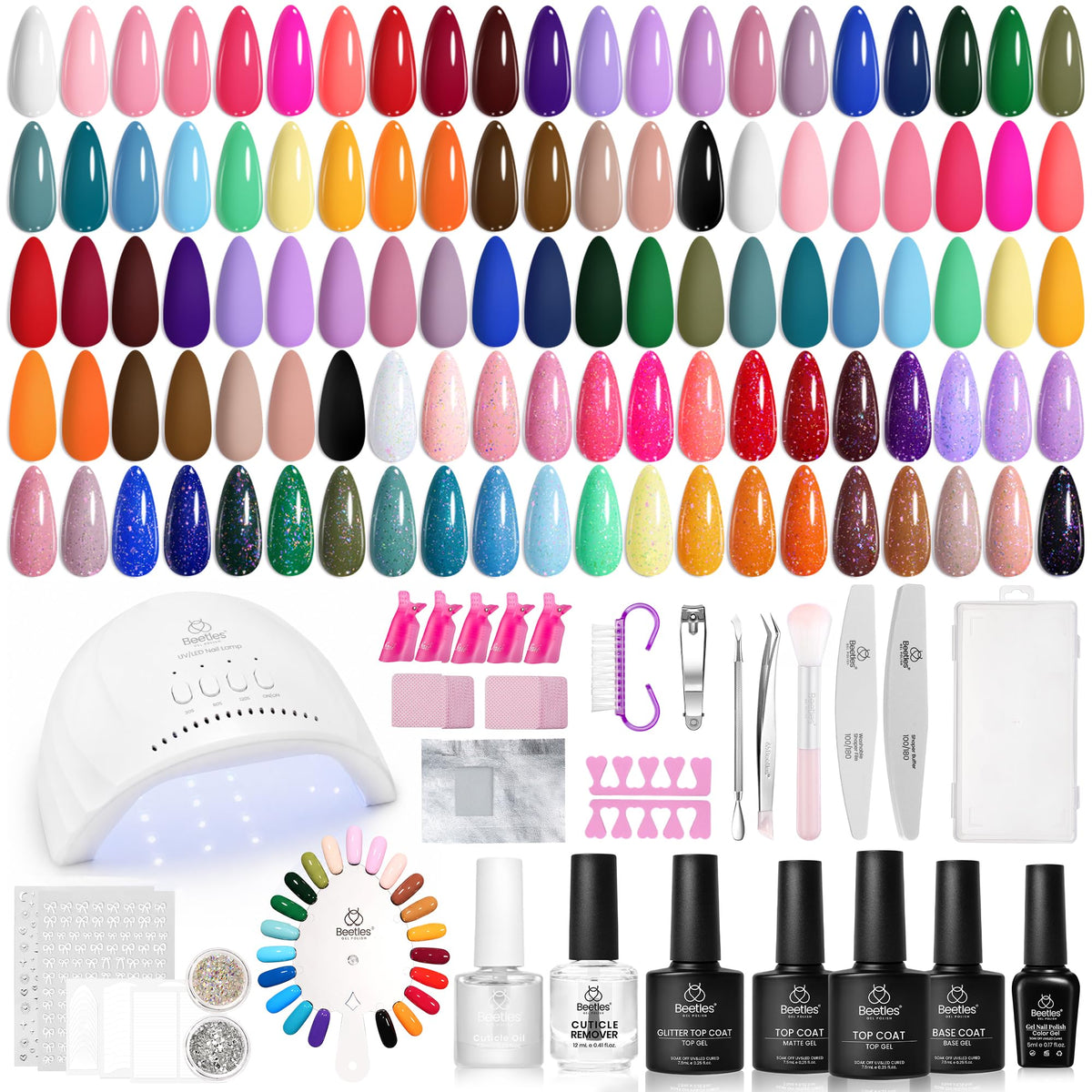 Beetles front packaging showing full 68-piece gel kit and benefits