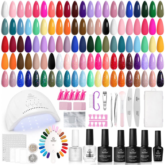 Beetles front packaging showing full 68-piece gel kit and benefits